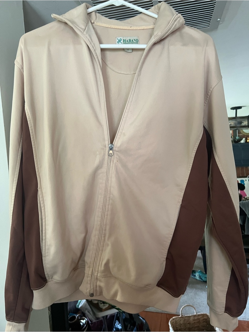 Vintage Haband Beige Zip-Front Lightweight Jacket with Brown Panels